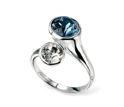 Picture of Rhodium Plated Denim Blue And Clear Double Swarovski Crystal Ring
