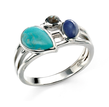 Picture of Rhodium Plated Turquoise And Dark Blue Stone Ring