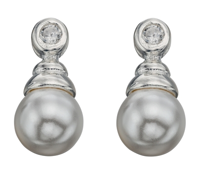 Picture of White Synthetic Pearl & Clear CZ Drop Earrings