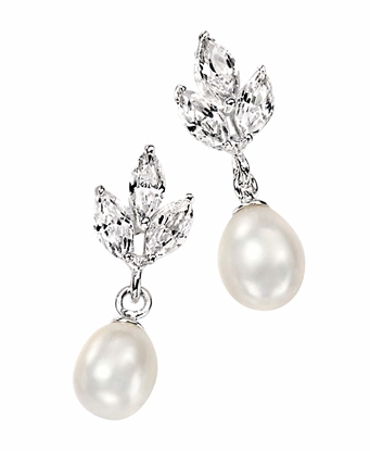 Picture of White Freshwater Pearl & Clear CZ Marquise Earrings