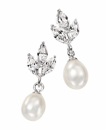 Picture of White Freshwater Pearl & Clear CZ Marquise Earrings