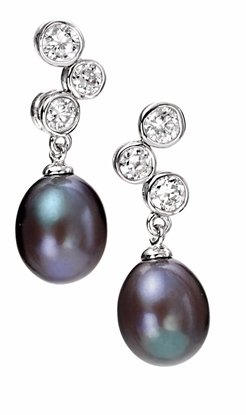Picture of Black Freshwater Pearl/Clear CZ Drop Earrings