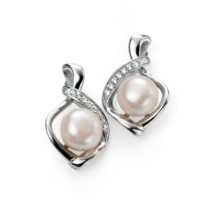 Picture of Rhodium Plated Twisted CZ And Pearl Earrings