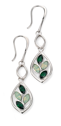 Picture of Rhodium Plated Swarovski Dark Green Moss & Chrysolite Teardrop Leaf Earrings