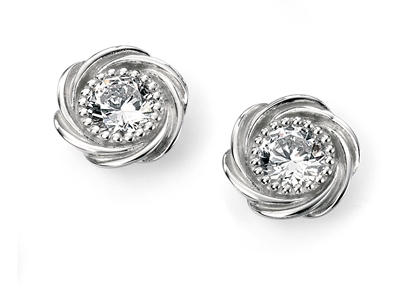 Picture of Rhodium Plated Clear CZ Milgrain Edge Flower Stud Earrings
