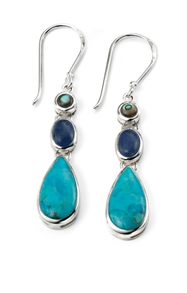 Picture of Rhodium Plated Turquoise And Dark Blue Stone Drop Earrings