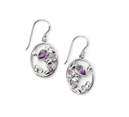 Picture of Rhodium Plated Amethyst, Violet And Lavender CZ Oval Leaf Earrings