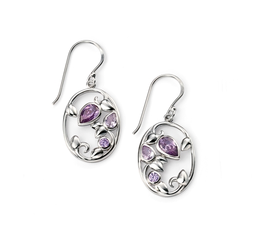 Picture of Rhodium Plated Amethyst, Violet And Lavender CZ Oval Leaf Earrings
