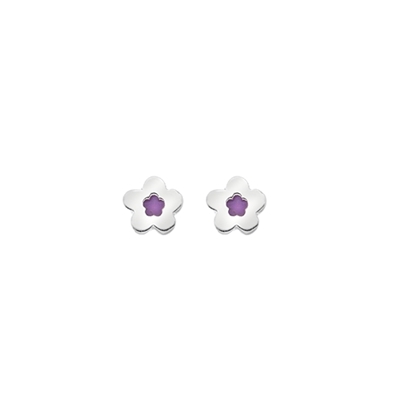 Picture of Silver Childrens Purple Enamel Flower Stud Earrings
