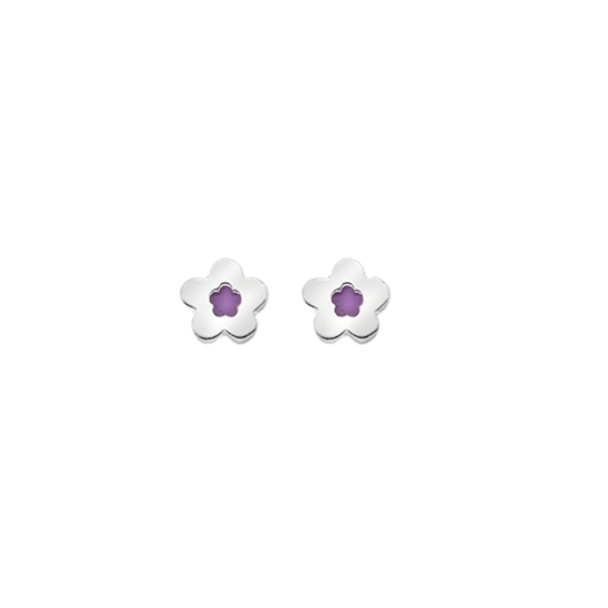 Picture of Silver Childrens Purple Enamel Flower Stud Earrings