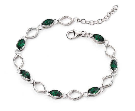 Picture of Rhodium Plated Swarovski Dark Green Moss Teardrop Leaf Bracelet 18.5+3Cm