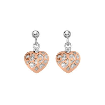 Picture of Silver & Red Gold Plate CZ Heart Drop Earrings